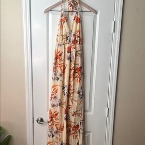 Simplee Apparel Floral Halter Maxi Dress - Cream and Orange